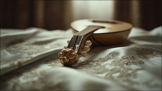 pipa. Exquisite pipa lute resting on embroidered silk fabric with curved headstock. event programs, museum guides, designed for cultural heritage projects and event programs, preserves heritage.
