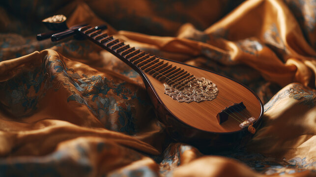 pipa. Exquisite pipa lute resting on embroidered silk fabric with curved headstock. event programs, museum guides, designed for cultural heritage projects and event programs, preserves heritage.