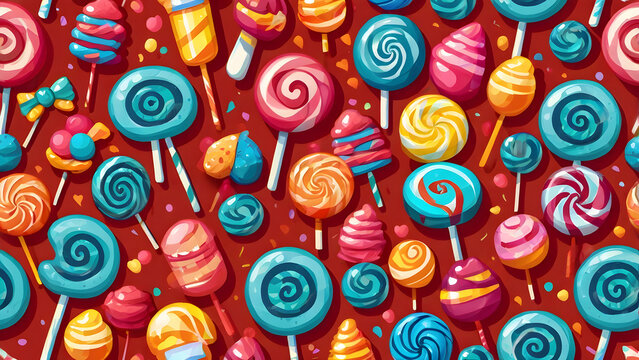 Cute cartoon candy pattern with sweets lollipops and chocolates bright playful colors seamless kids design
