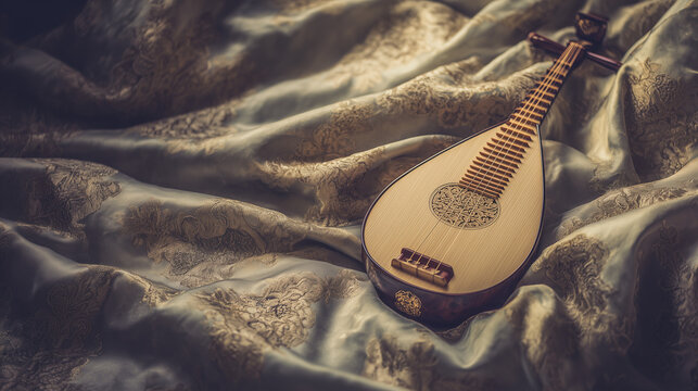 pipa. Exquisite pipa lute resting on embroidered silk fabric with curved headstock. event programs, museum guides, designed for cultural heritage projects and event programs, preserves heritage.