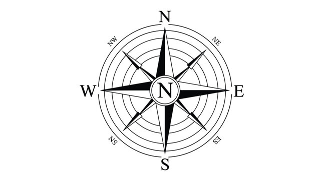 Classic nautical compass rose showing cardinal directions North South East and West for navigation and travel design.