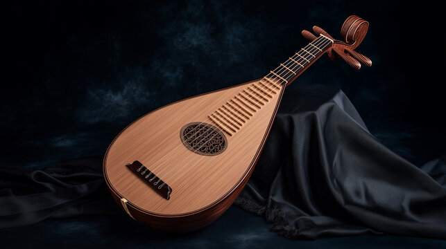 pipa. Exquisite pipa lute resting on embroidered silk fabric with curved headstock. event programs, museum guides, designed for cultural heritage projects and event programs, preserves heritage.