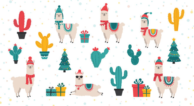 Festive collection of cute llamas wearing scarves and hats among colorful cacti and Christmas trees for holiday greeting cards.