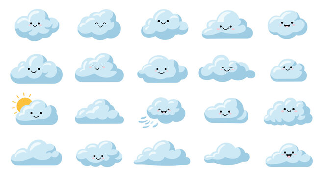 Group of twenty-five adorable cloud characters with smiling faces and different expressions for weather and kids themes.