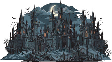 Spooky gothic halloween castle vector illustration with dark towers flying bats crescent moon eerie clouds and cemetery gate on white background © Sukhi