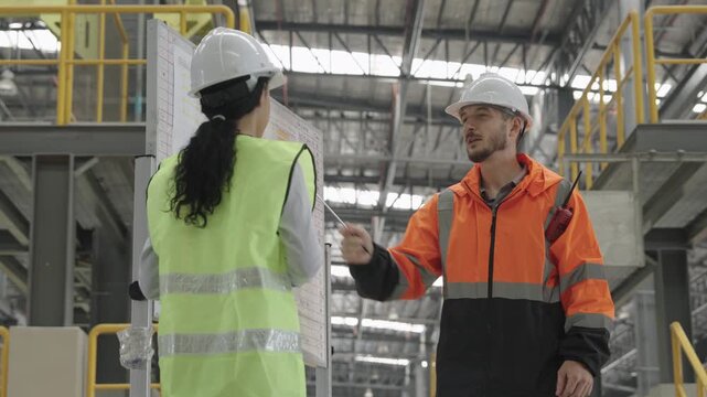Professional team collaborates near Electric Train machinery during industrial maintenance, focused on safe and efficient work environment while wearing high-visibility clothing and hard hats.