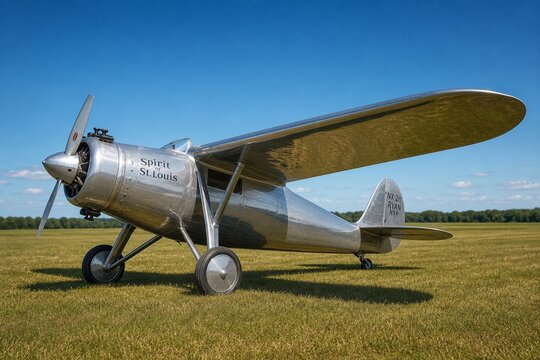 A vintage silver monoplane parked on a sunlit grass field under a clear blue sky.