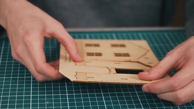 Removing wooden facade wall from miniature house model kit frame. DIY architectural crafting featuring plywood component extraction and creative home construction process. Residential development