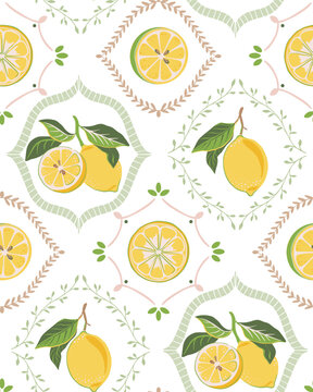 Vector summer seamless pattern. Hand drawn illustration with lemons. Mediterranean beach surface print design, summer vacation endless background