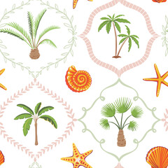 Obraz premium Vector summer seamless pattern. Hand drawn illustration with shells, fish, lemons. Mediterranean beach surface print design, summer vacation endless background