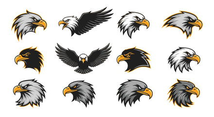 Fototapeta premium Set of powerful eagle head mascots and bird silhouettes in different styles for sports teams logos and wildlife branding projects.