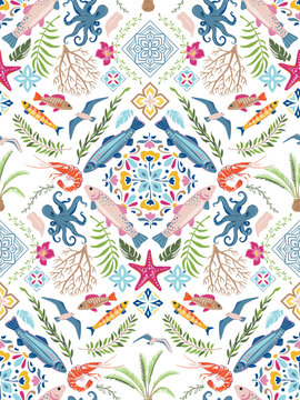 Vector summer seamless pattern. Hand drawn illustration with sea animals, shells, fish. Mediterranean beach surface print design, summer vacation endless background