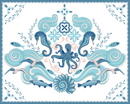 Cute vector summer cards with sea animals, shell octopus. Bright colorful poster.