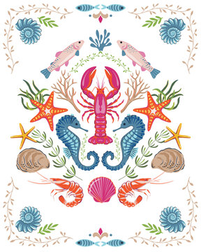 Cute vector summer cards with sea animals, shell, lobster. Bright colorful poster.