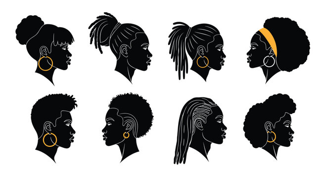 Set of profile silhouettes of black women featuring diverse natural hairstyles like afros braids and locs with elegant gold jewelry.