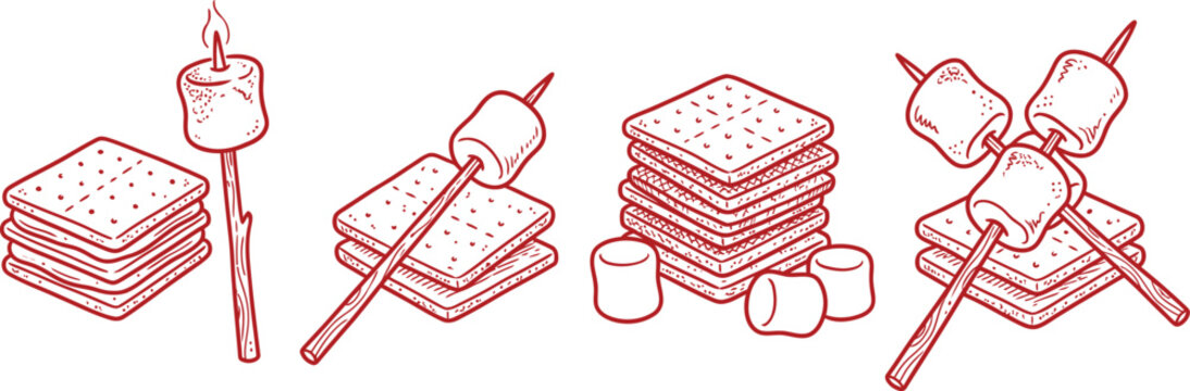 Hand-drawn style illustration of s'mores components: stacked graham crackers, marshmallows on sticks, and chocolate, isolated on transparent background.