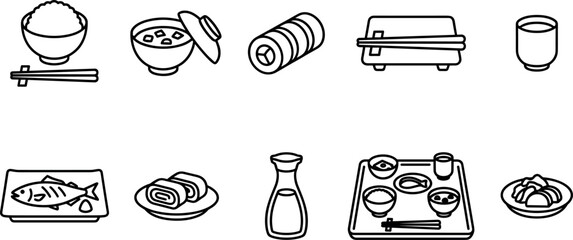 Traditional Japanese breakfast and asian cuisine food line icon set featuring miso soup rice roll grilled fish vector © Ruksana Studio