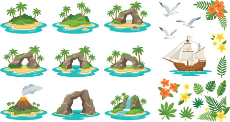 Tropical Island Vector Asset Kit with Palm Trees, Ocean Arch Rocks, Volcano, Sailing Ship, Seagulls, and Exotic Hibiscus Flowers for Travel Designs © Sohel
