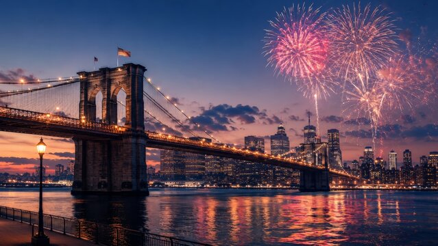 The Brooklyn Bridge at sunset with vibrant Fourth of July fireworks bursting over the New York City skyline and reflecting on the water surface