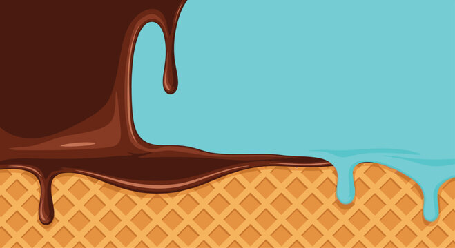 Close up illustration of melted chocolate and blue icing dripping over a crispy wafer texture for sweet food and dessert background designs.