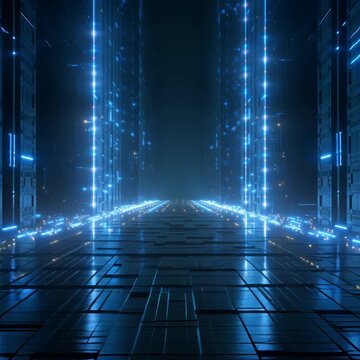 Digital Infinity: A futuristic corridor of illuminated servers and glowing data streams stretches into the digital abyss, evoking a sense of infinite possibility and advanced technology.