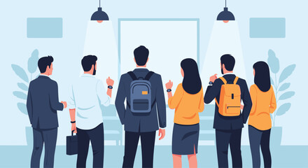 Obraz premium Group of people standing and looking at a blank white screen in a modern office or gallery setting for presentation and exhibition concepts.