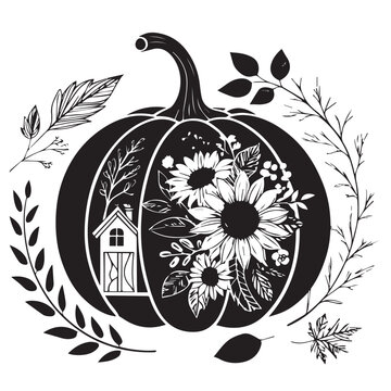 Black and white pumpkin with flowers and house isolated on white background
