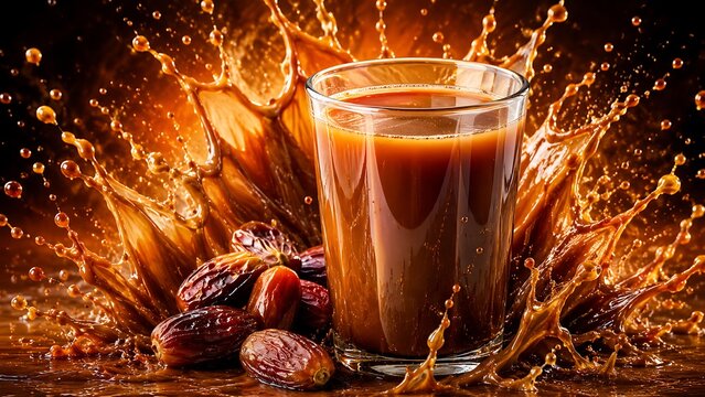 Glass of date juice with fresh dates and liquid splashes in background