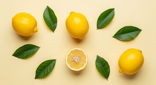 Fresh yellow lemons with green leaves arranged on a soft pastel yellow background