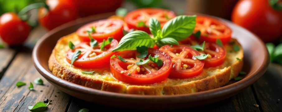 Close-up, vibrant tomato bruschetta pattern on round serving dish, garnished with herbs , round, plate