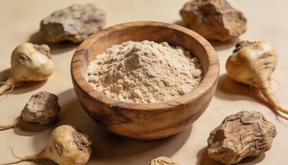 Fototapeta premium Maca Root Powder Explosion with Dried Roots on Dark Background