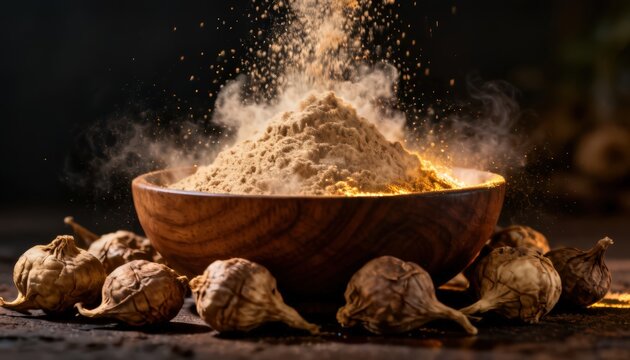 Maca Root Powder Explosion with Dried Roots on Dark Background