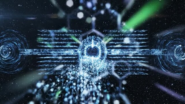 Abstract digital data visualization with flowing binary code streams and glowing cosmic energy network background