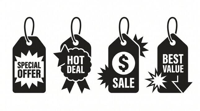 Collection of sale price tags for special offers and best value with discount