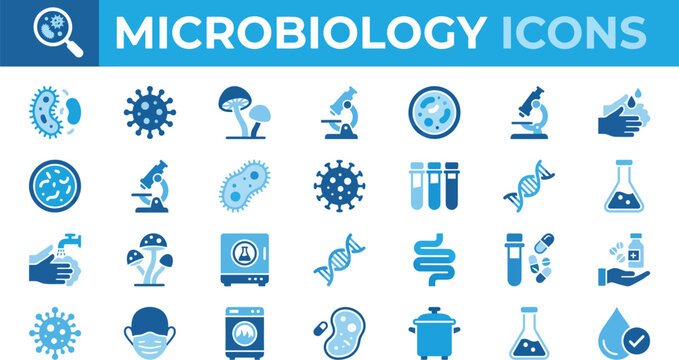 Microbiology Icons Collection Flat Blue Pictograms On White Background