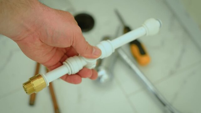 Hand holding assembled plastic pipe with brass adapter, plumbing connector ready for installation. Close up of push fit coupling joined with threaded metal fitting, repair tools on background