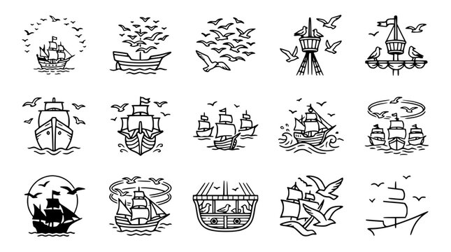 Nautical vector illustrations: sailing ships and seagulls in different designs.