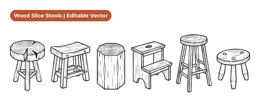 Wooden stool vector line art set featuring rustic wood slice chairs, log trunks, step stool, barstool, and farmhouse seating outline icons for coloring book design elements and art graphic projects.