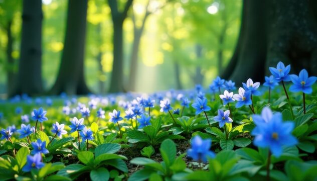 Delicate blue primroses blooming beneath towering trees , flora, bright