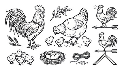 Rustic farm chicken collection with rooster hen chicks and nest © Jepe