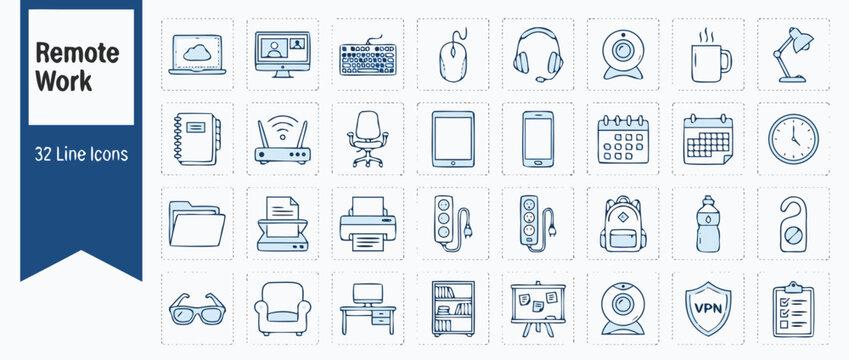 Detailed vector line icon set of 32 remote work setup and home office essentials in a technical line art style. Featuring icons for laptop, desk, chair, webcam, headset, and digital connectivity set.