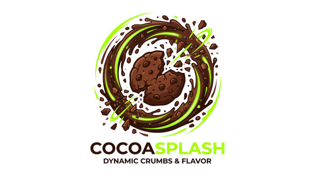 Chocolate cookie breaking in a dynamic cocoa splash with green swirls
