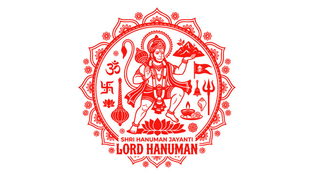 Lord hanuman holding mountain and mace with religious symbols