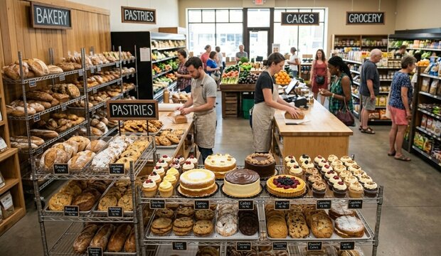 A busy modern supermarket bakery department featuring fresh bread, assorted pastries, and cakes, with customers and staff working in the store aisle.