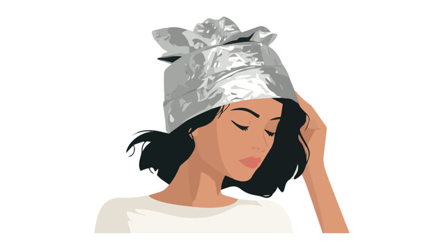 Woman Wearing Aluminum Foil Hat Protecting Mind.