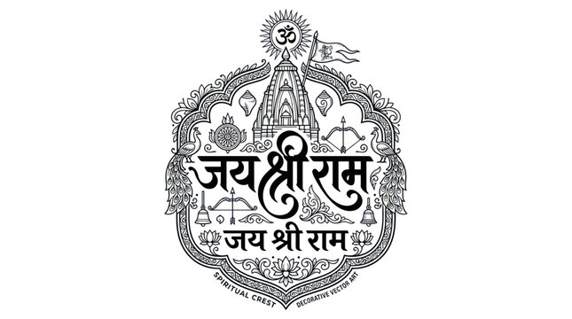 Ornate jai shree ram spiritual crest with temple and religious icons