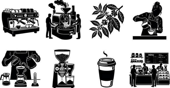 Coffee Production And Service Silhouettes Black And White Vector Illustration