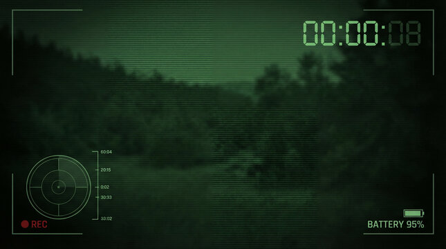 Night vision camera interface with HUD overlay in a dark forest for surveillance and military observation