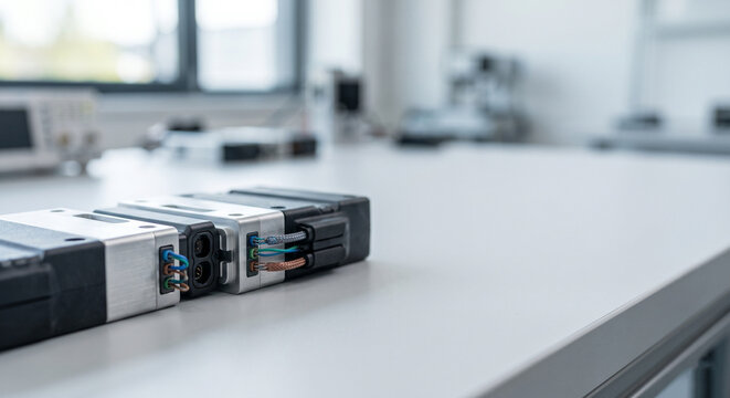 Close-up of industrial electronic modules and wire connectors on a clean laboratory desk with copy space