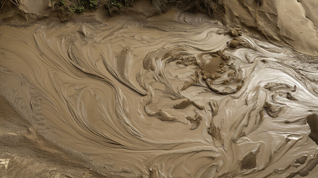tonalite. Muddy slurry flowing down a hillside, creating viscous patterns in natural daylight. ESG reports, sustainability campaigns, designed for environmental awareness campaigns.